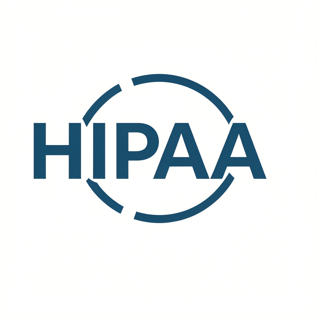 HIPAA logo with bold blue letters surrounded by a circular design, representing healthcare privacy and data protection regulations.